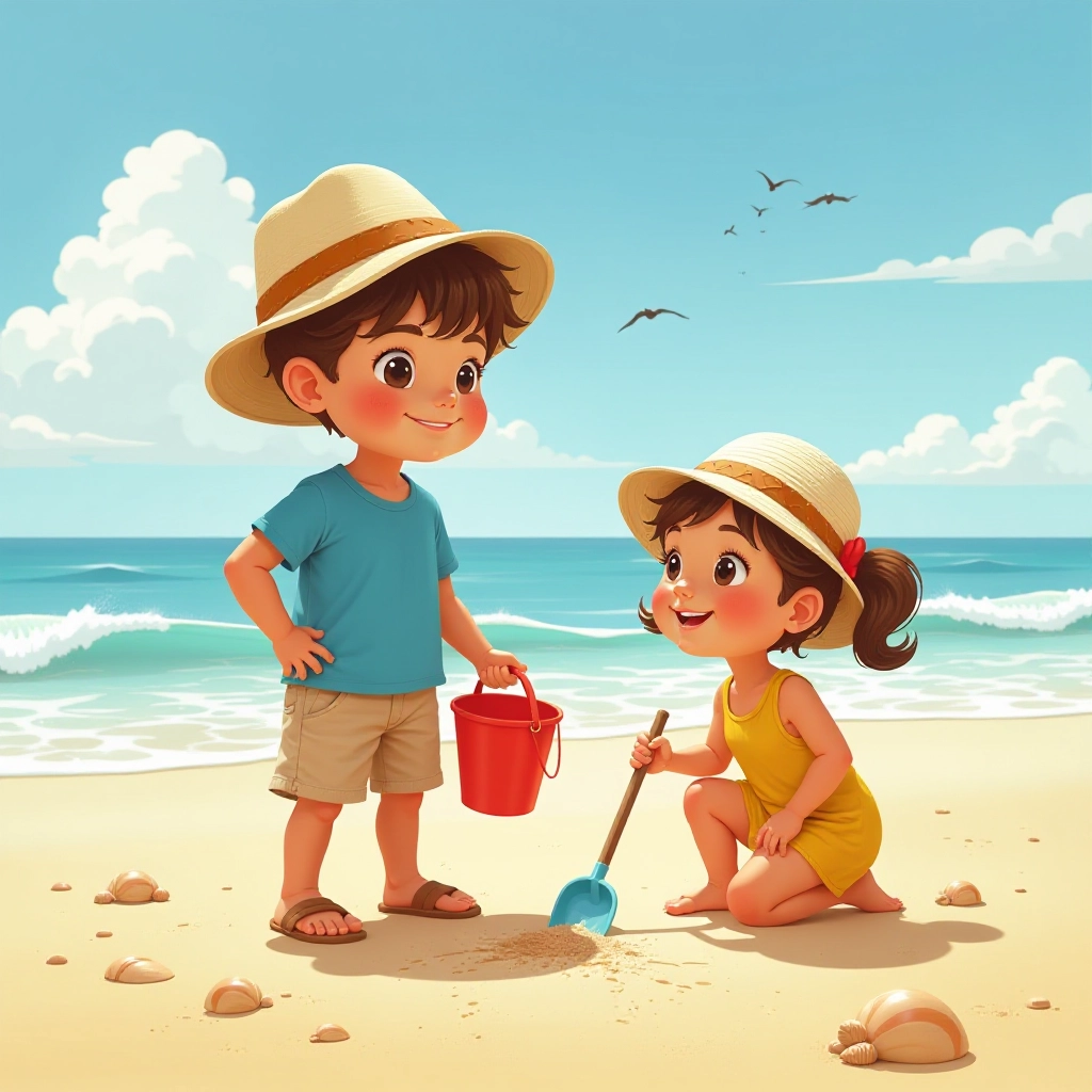 Two children meet on a sunny beach and begin their sandcastle adventure.
