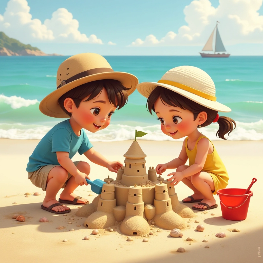 Children work together to build an impressive sandcastle.