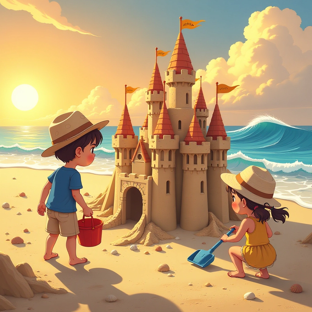 Children face challenge as waves threaten their sandcastle.