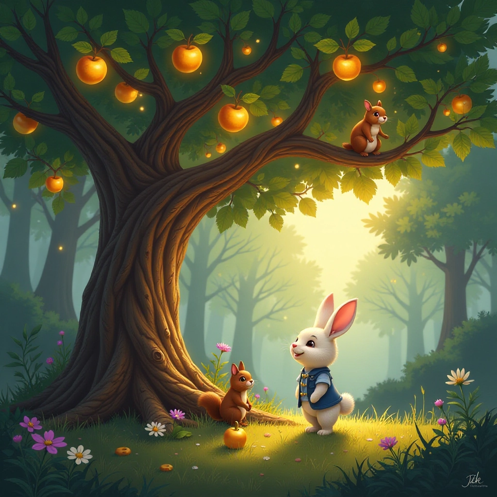 A magical evening begins as Hoppy Rabbit discovers a glowing apple tree with his friend Nutkin Squirrel.