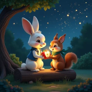 Hoppy and Nutkin share their magical apple reward under the starlit sky.