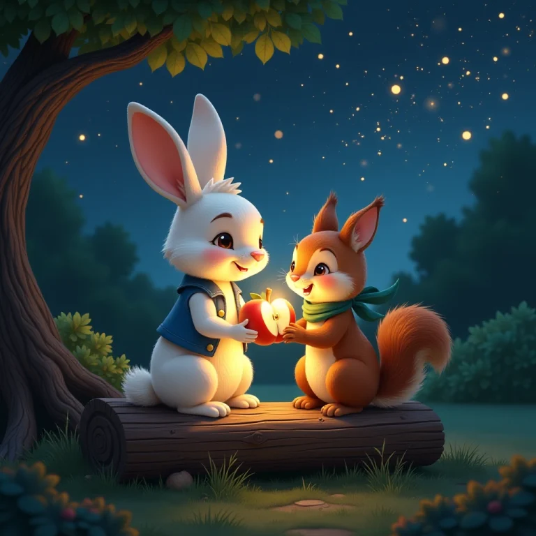 Hoppy and Nutkin share their magical apple reward under the starlit sky.