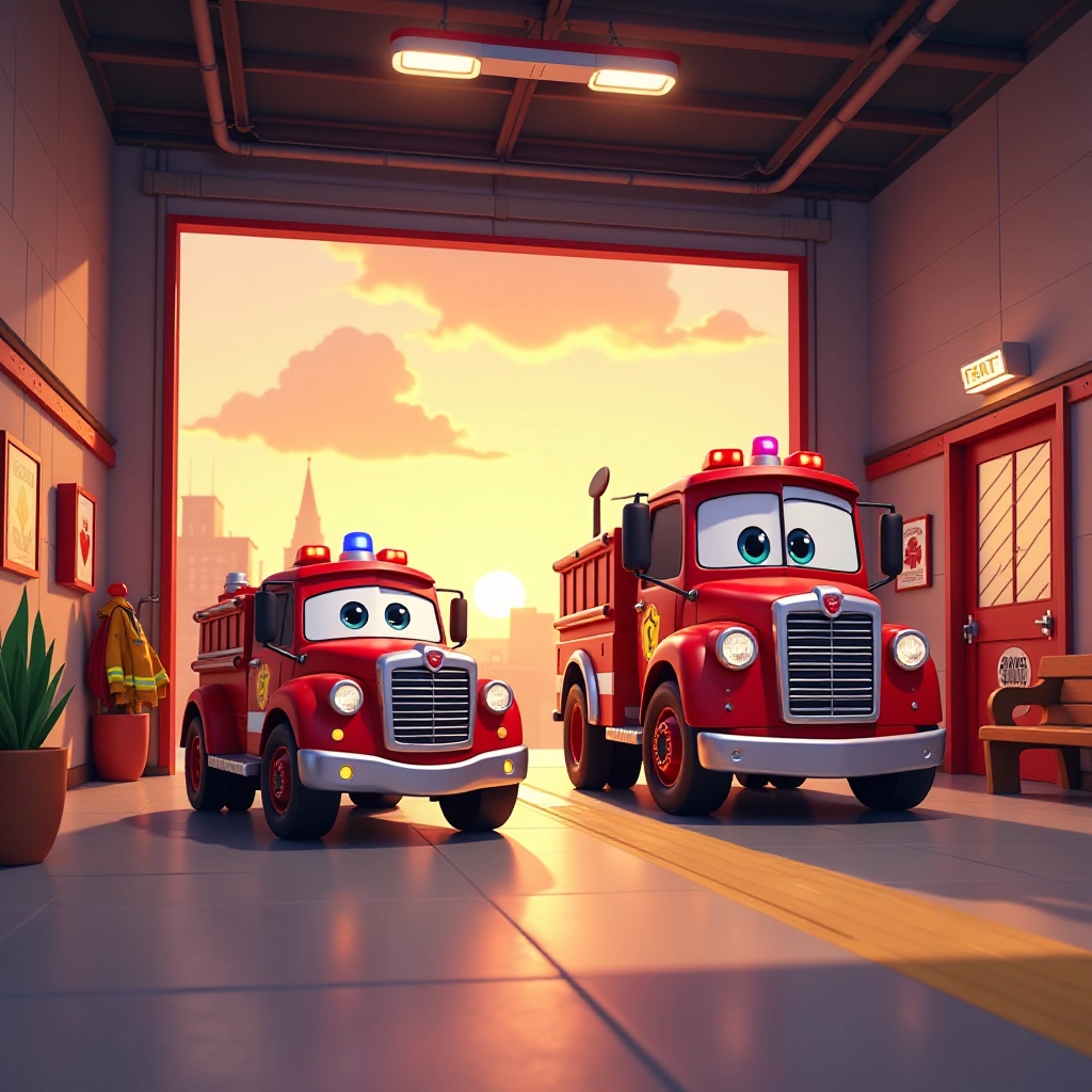 A small fire truck named Flash prepares for bedtime in the cozy fire station.