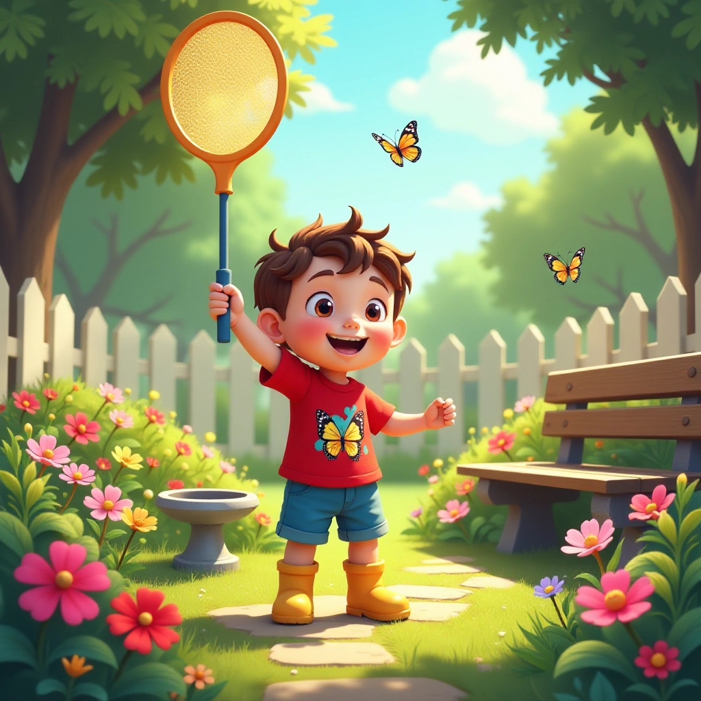 A curious little boy enters a beautiful garden with his butterfly net