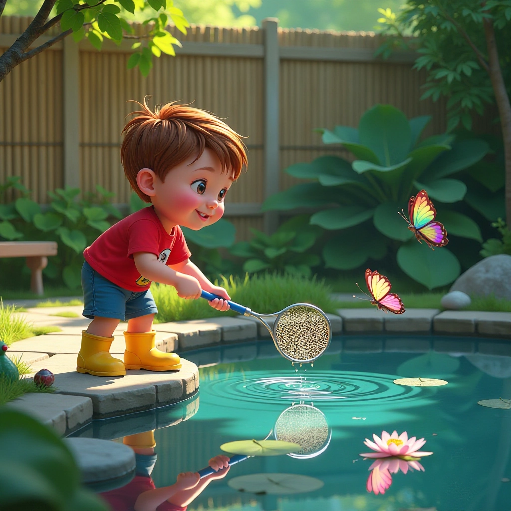 A suspenseful moment as Tommy almost falls into the pond