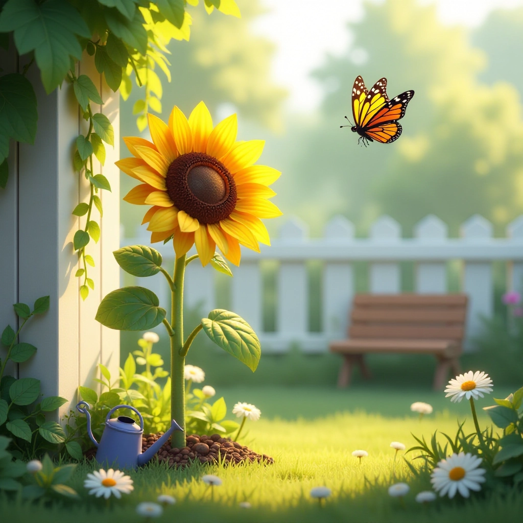A lonely sunflower meets a friendly butterfly in a morning garden.