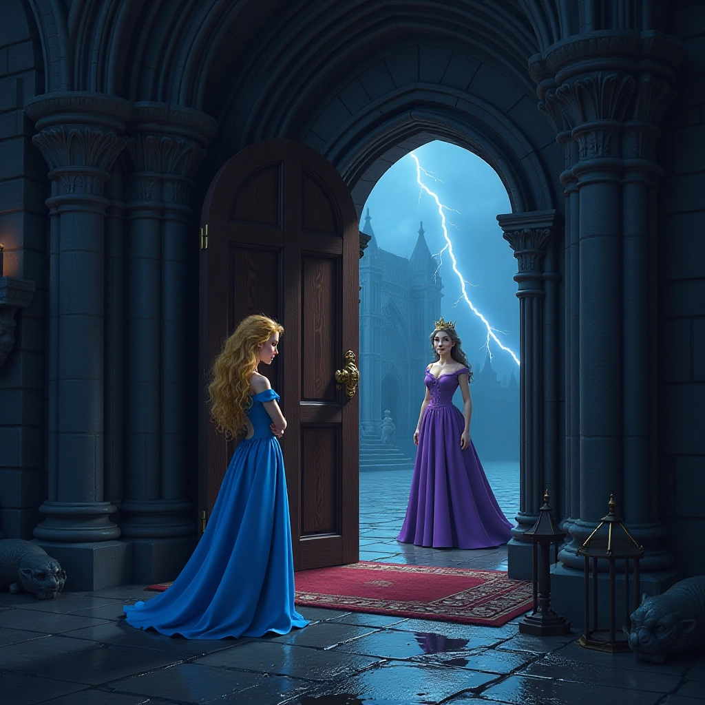A mysterious princess arrives at a castle during a stormy night.