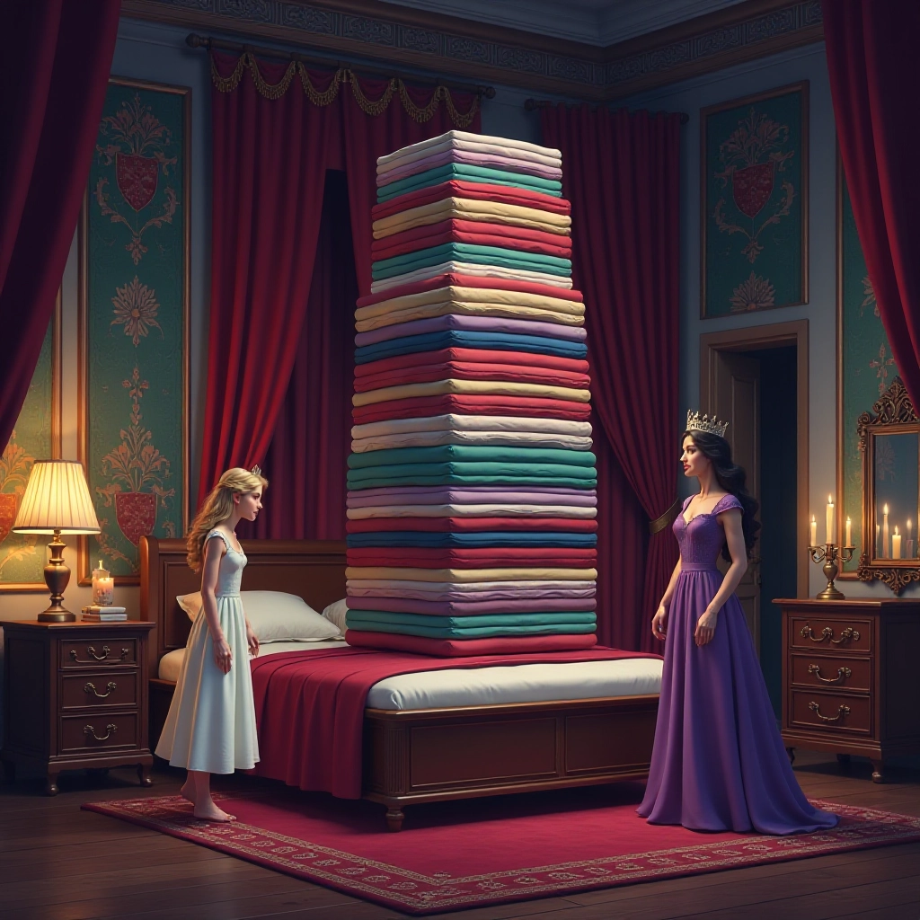 The queen secretly tests the princess with a tiny pea under twenty mattresses.