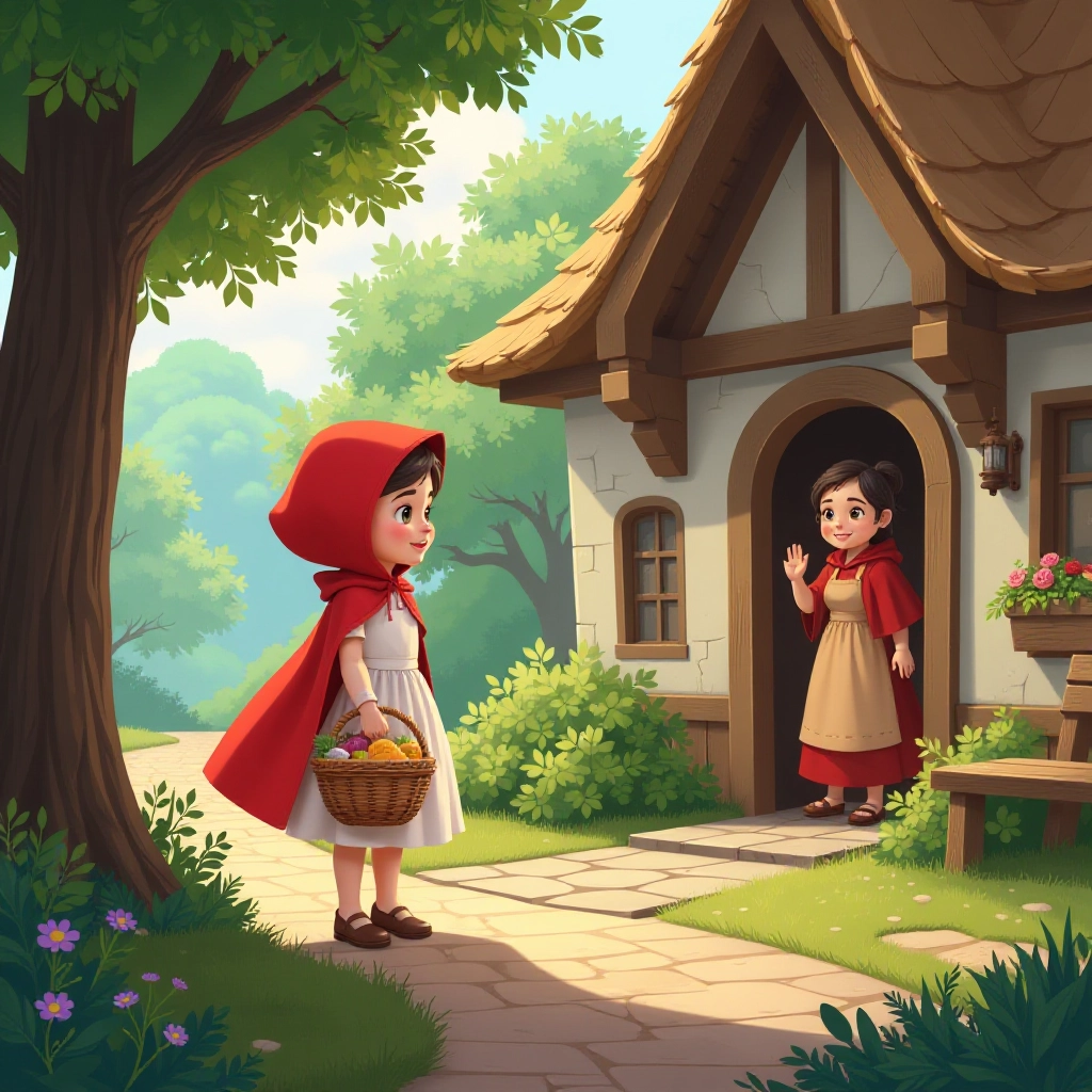 Little Red Riding Hood begins her journey to grandmother's house.
