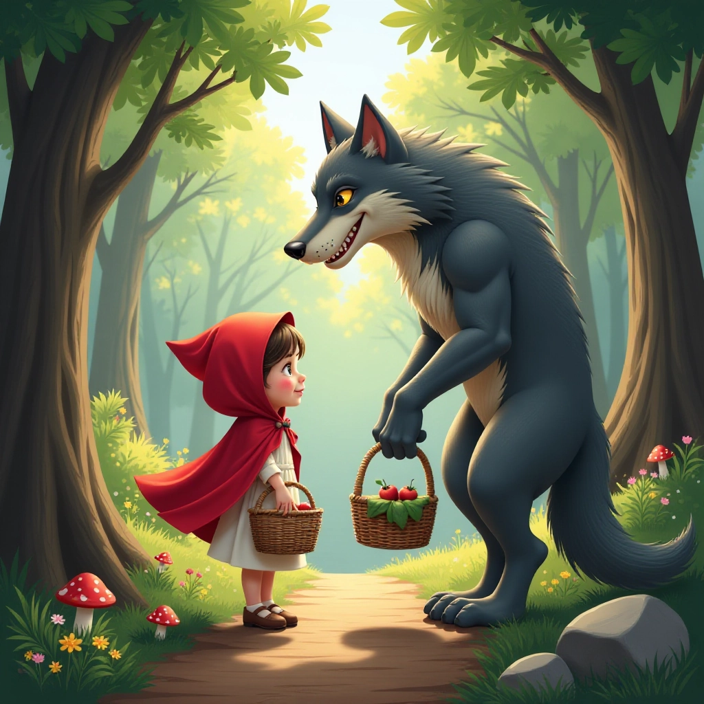 Little Red Riding Hood meets the Big Bad Wolf in the forest.