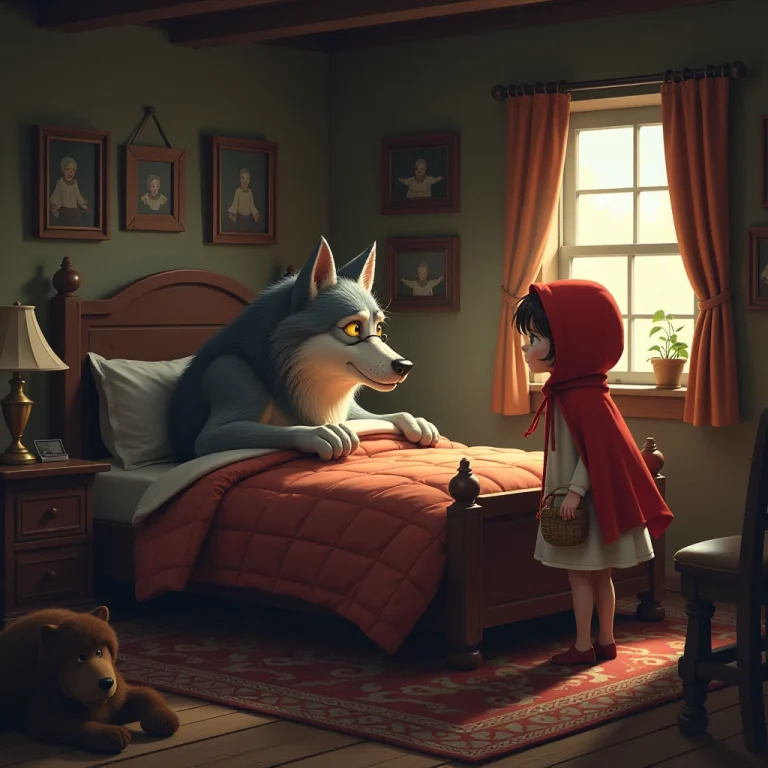 The Wolf tricks Little Red Riding Hood at grandmother's house.