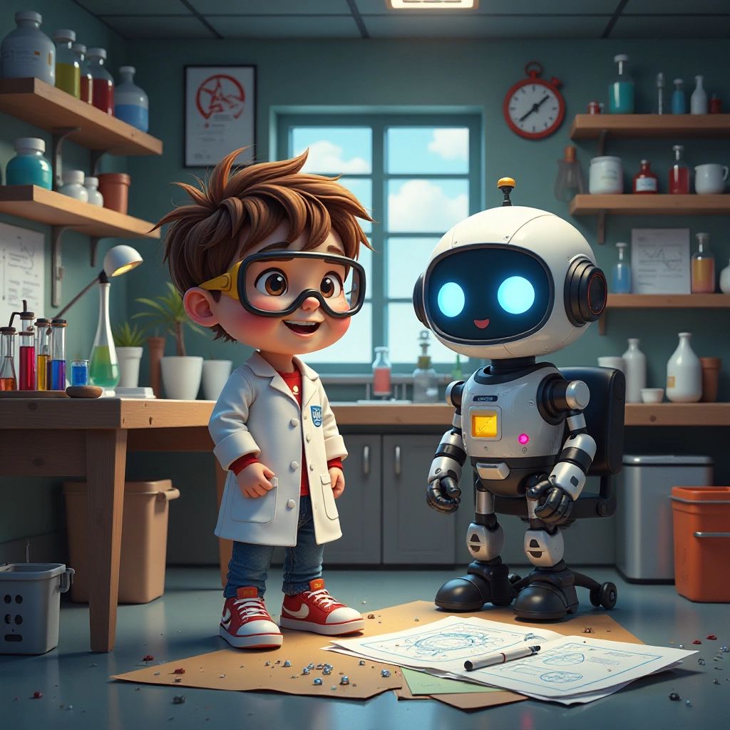 Young inventor Tommy works in his basement laboratory with robot assistant Gizmo.