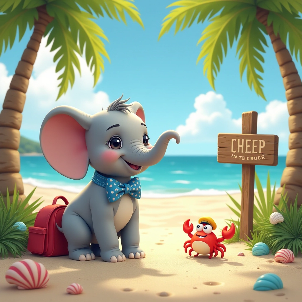 A baby elephant meets a friendly crab at the beach entrance