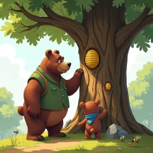 The bears face the challenge of climbing a tree to reach a beehive.