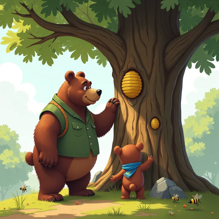 The bears face the challenge of climbing a tree to reach a beehive.