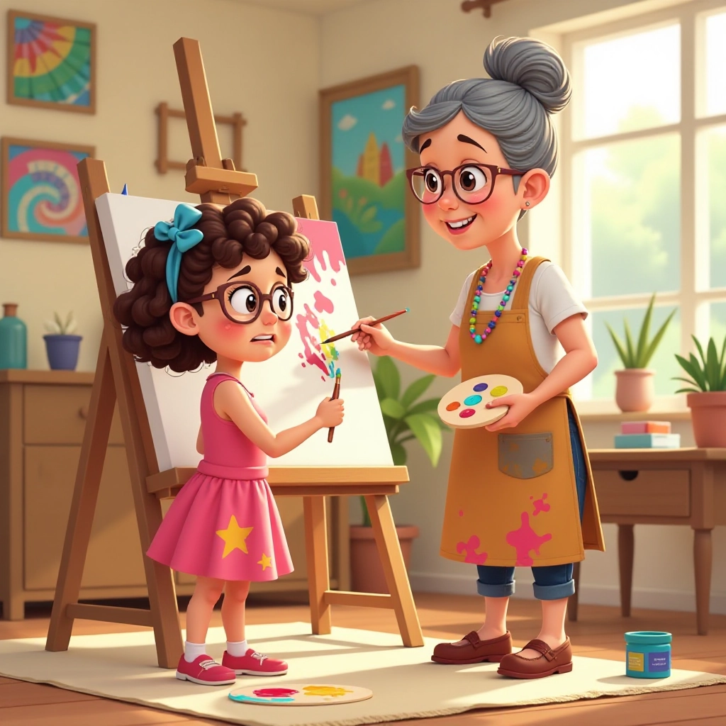 Art teacher helps Sarah learn proper painting techniques.