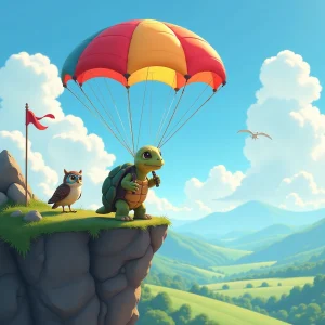 The brave turtle takes his first parachute jump.