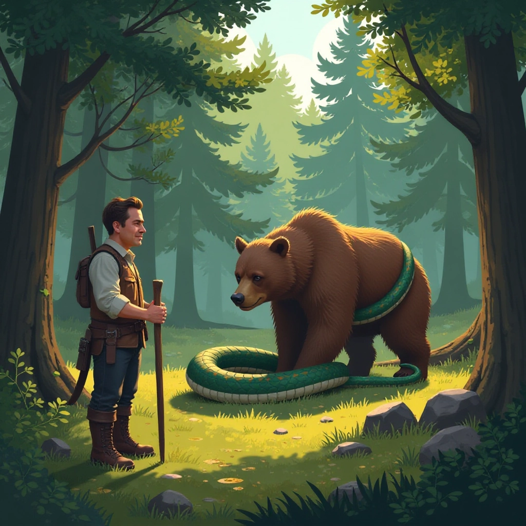 A kind man discovers a bear being attacked by a snake in a forest clearing.
