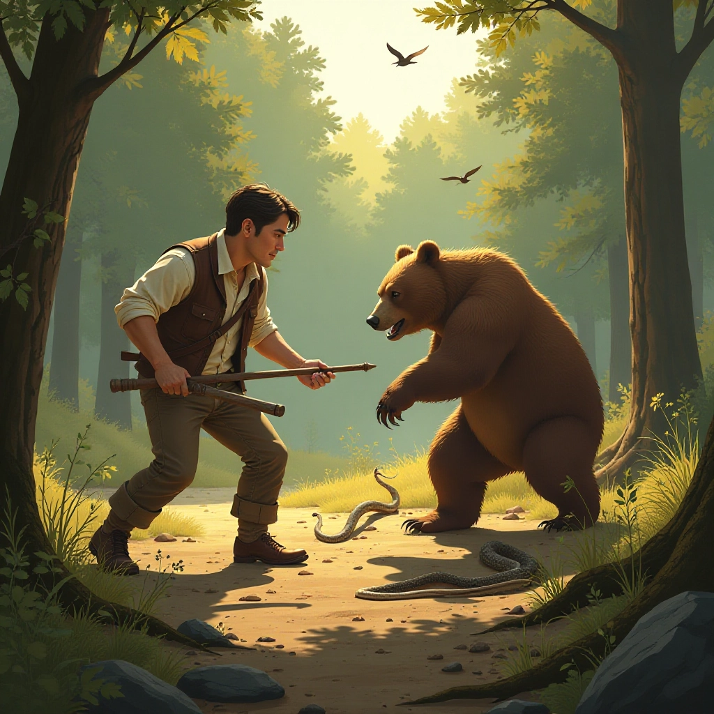 The man bravely helps free the bear from the snake's grasp.