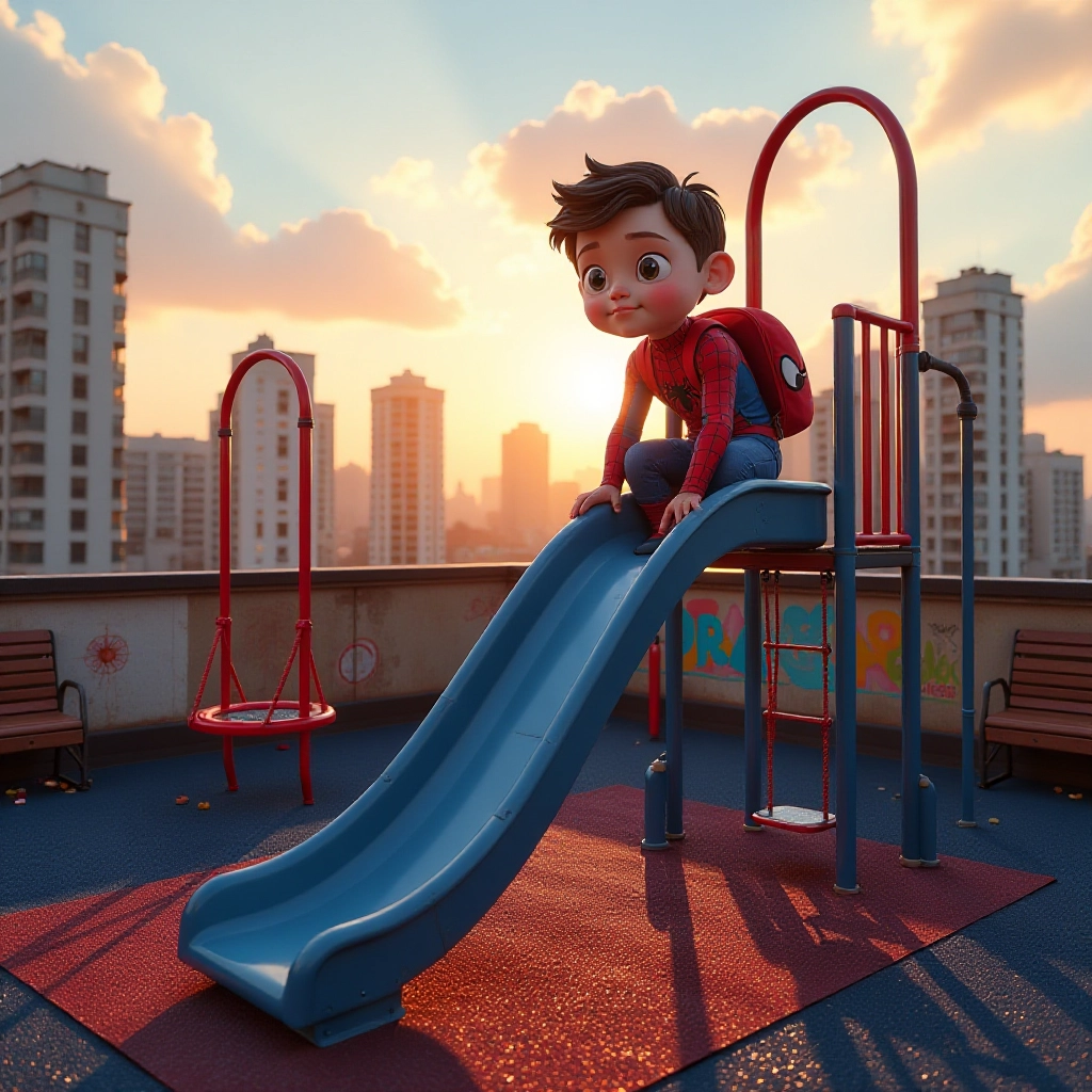 Young Spider-Boy discovers suspicious activity while playing on rooftop.