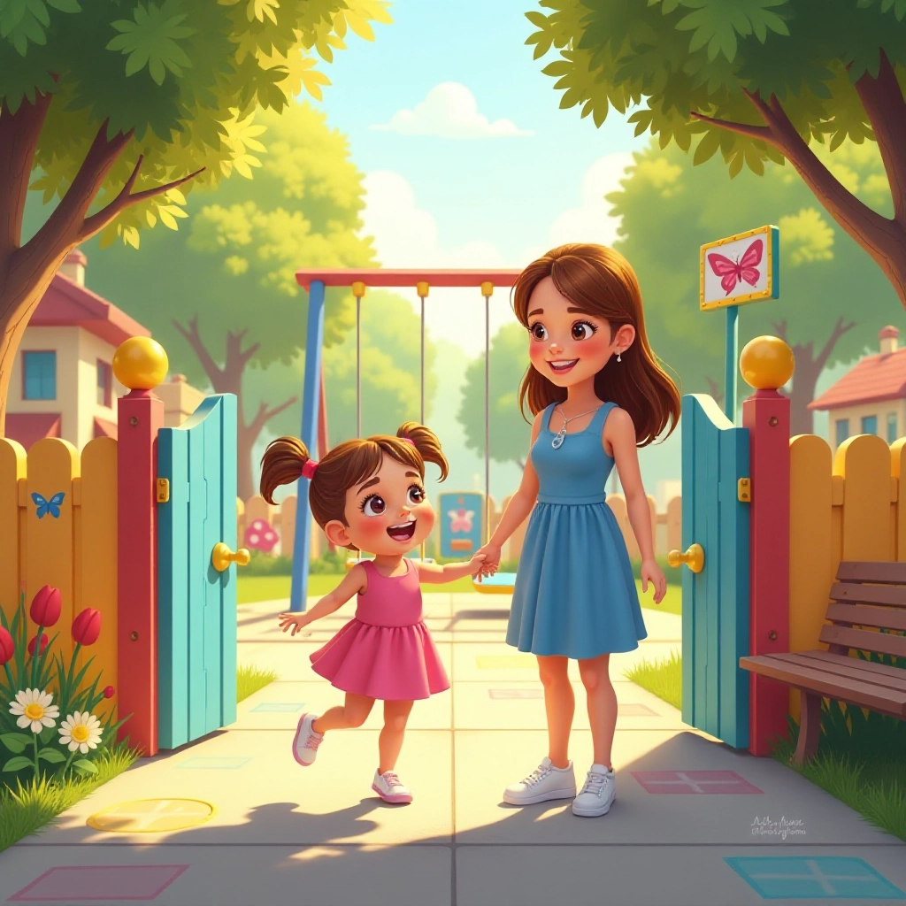 Mother and daughter arrive excitedly at playground