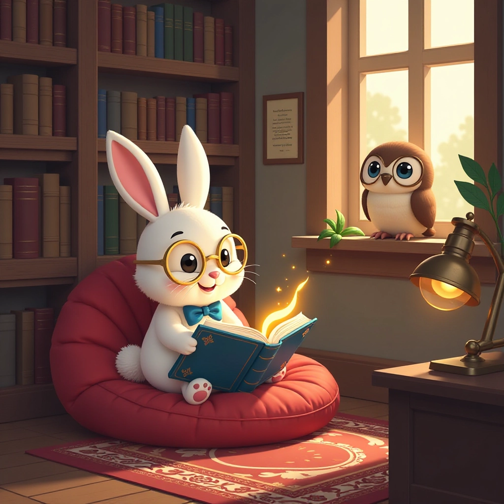 A curious rabbit discovers a magical glowing book in a cozy library.