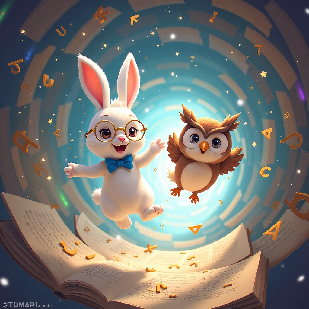Binky and Luna get pulled into a magical portal of swirling letters and light.