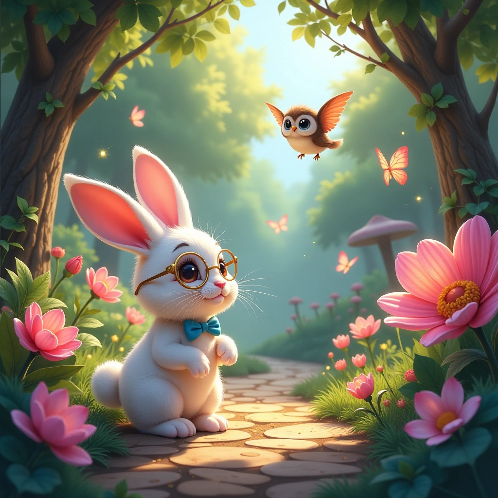 The characters explore a magical garden with giant glowing flowers.