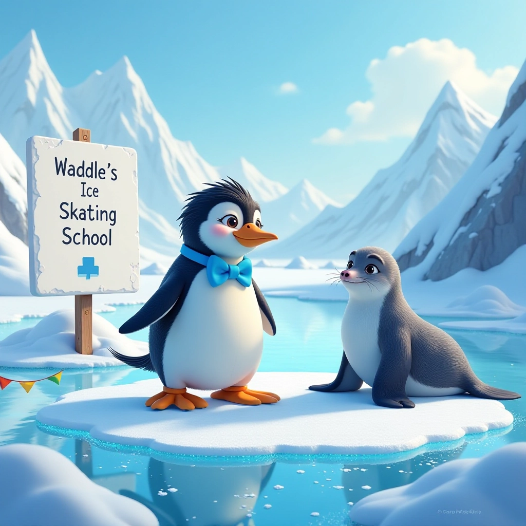 A clumsy penguin nervously prepares to open his ice skating school.