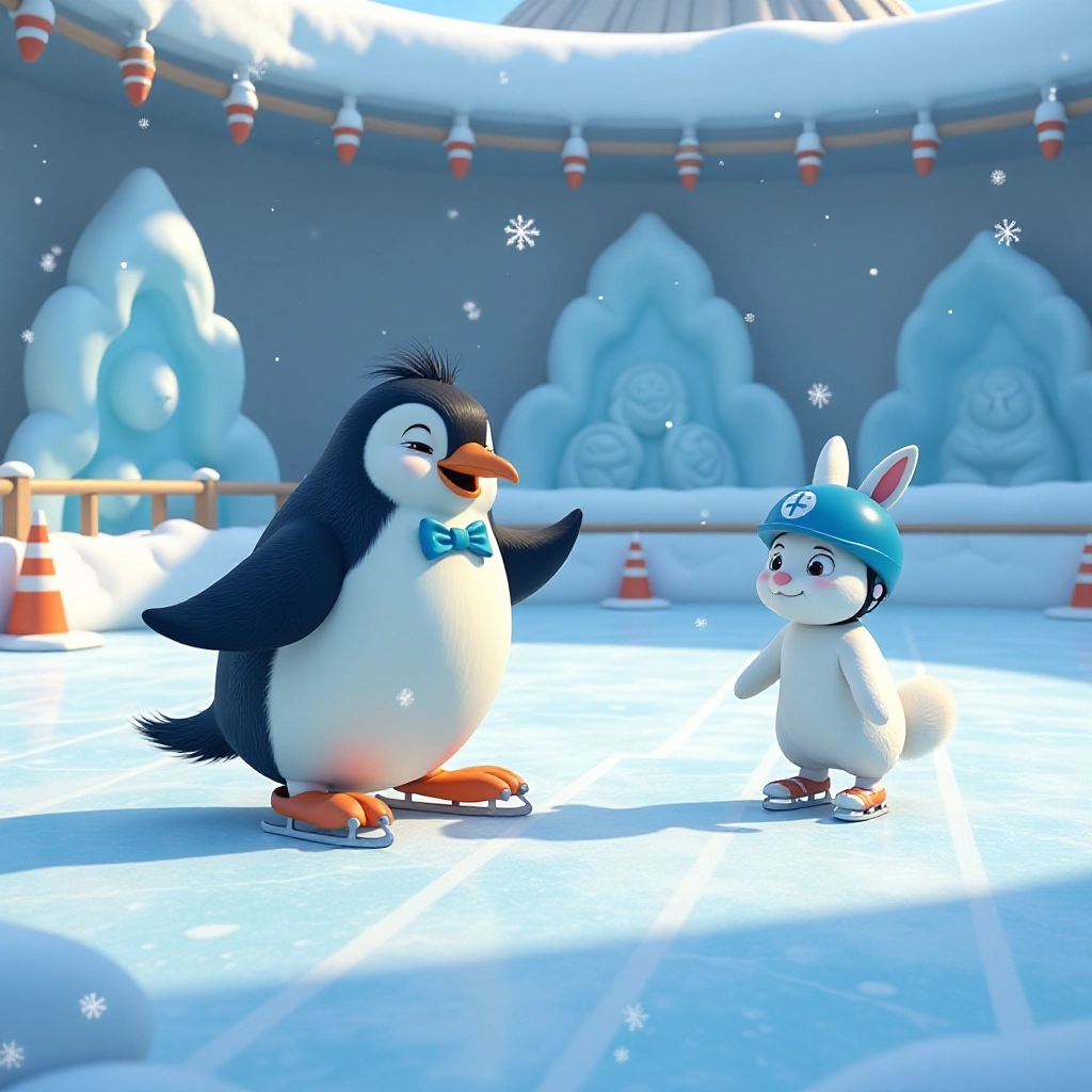 Waddles demonstrates skating techniques with humorous mishaps.