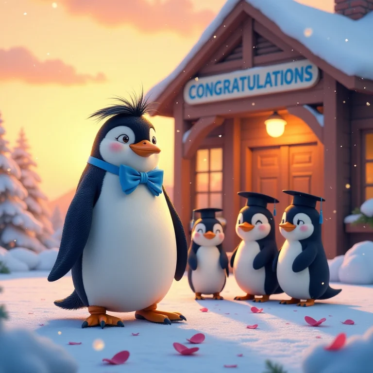 The graduation ceremony celebrates the success of Waddles' unconventional teaching method.