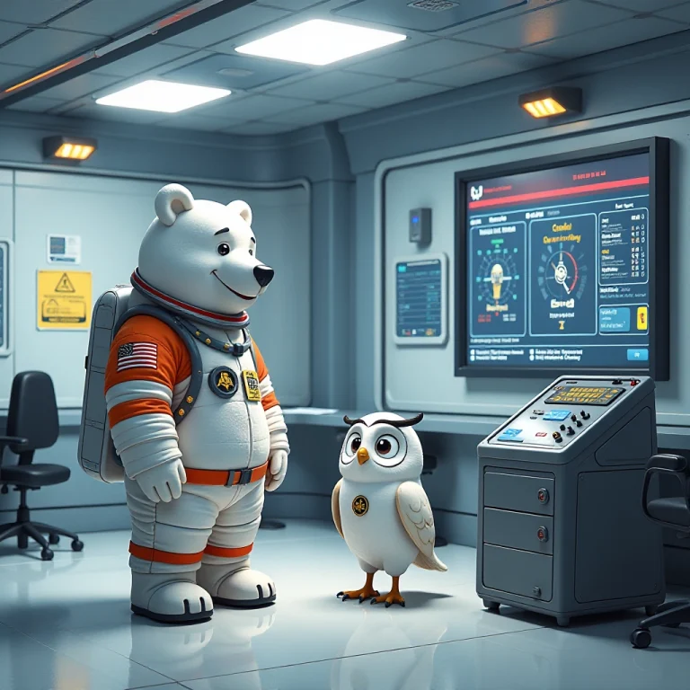 Bear begins astronaut training with wise owl captain.