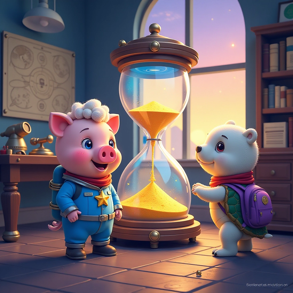 Three friends discover a mysterious giant hourglass in a magical laboratory