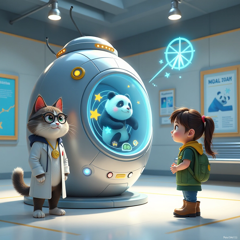 A curious girl meets a scientific cat professor with a time machine in a museum.
