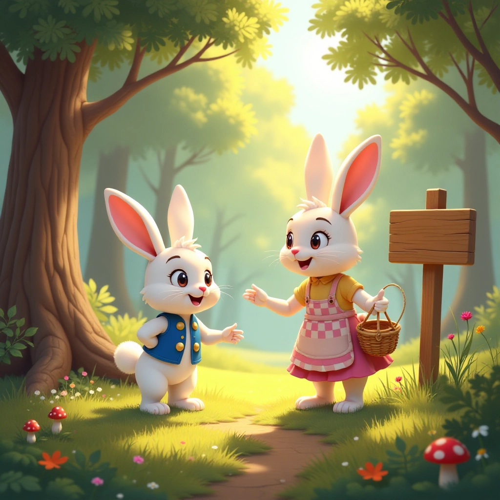 A curious young bunny learns about the garden from his mother