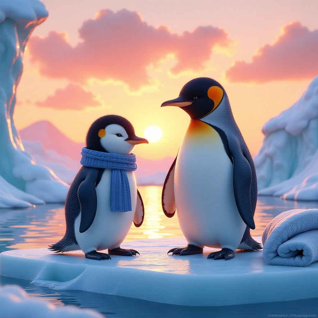 A young penguin prepares for bedtime with his mother on a beautiful Antarctic evening.