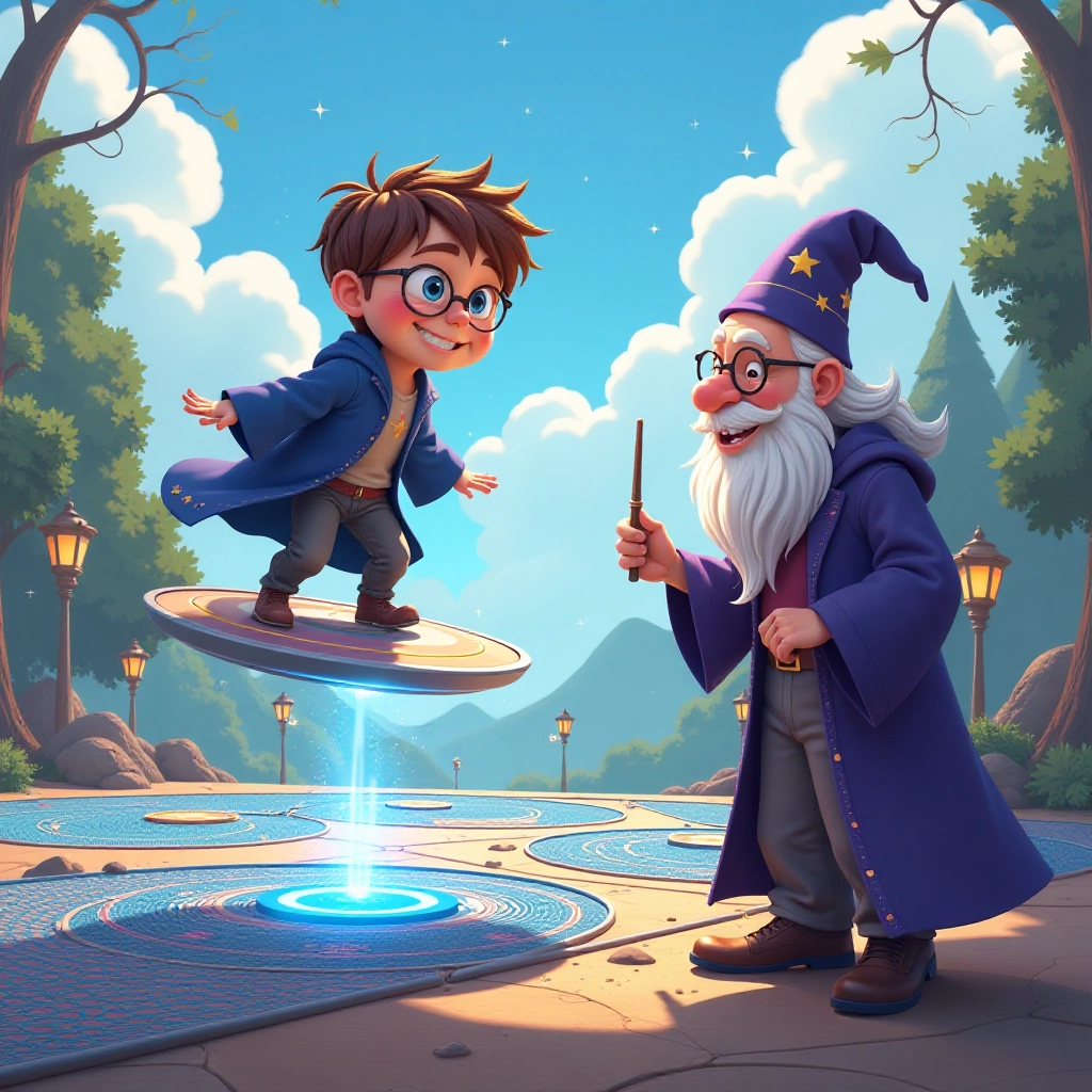 Tommy takes his first wobbly steps into magical flying.