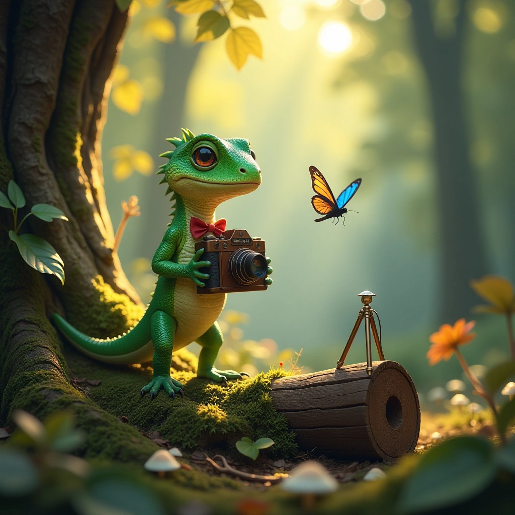A magical lizard discovers an enchanted camera in a mystical forest clearing