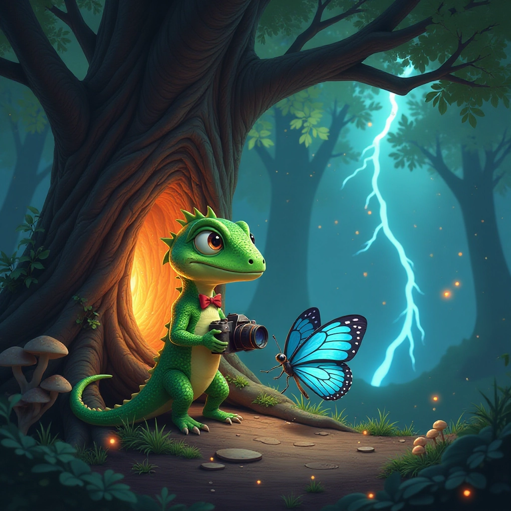 A brave lizard faces a magical storm while protecting his enchanted photos