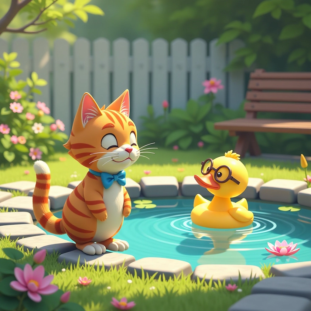A nervous cat meets their swimming teacher by a peaceful pond.
