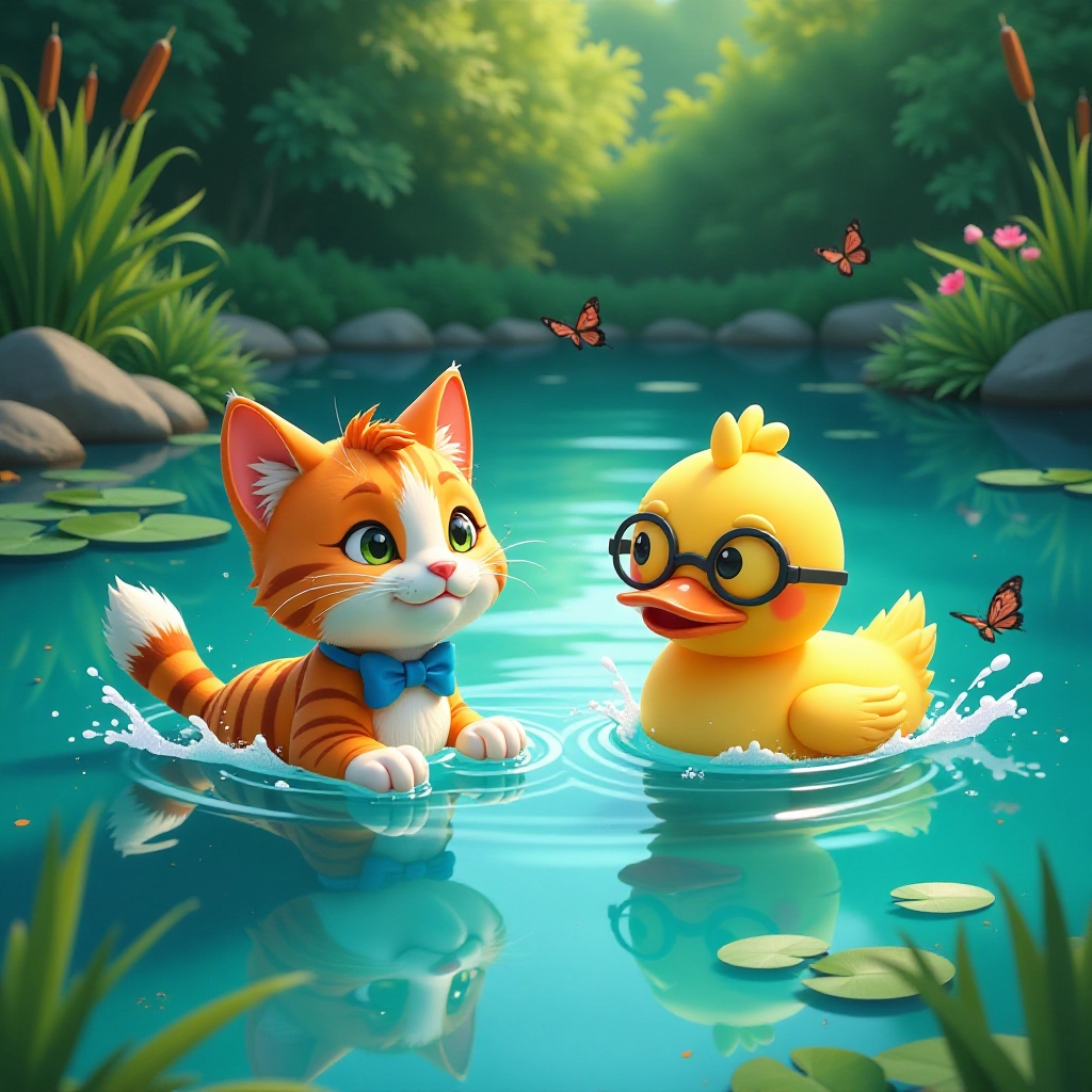 Whiskers achieves his first successful swim across the pond.