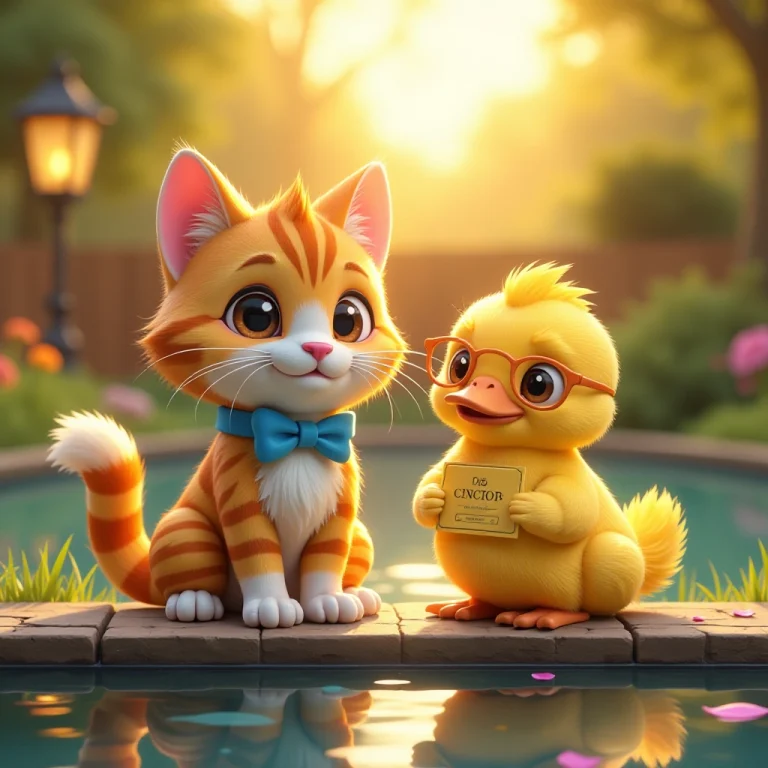 Whiskers celebrates his swimming achievement with his teacher.