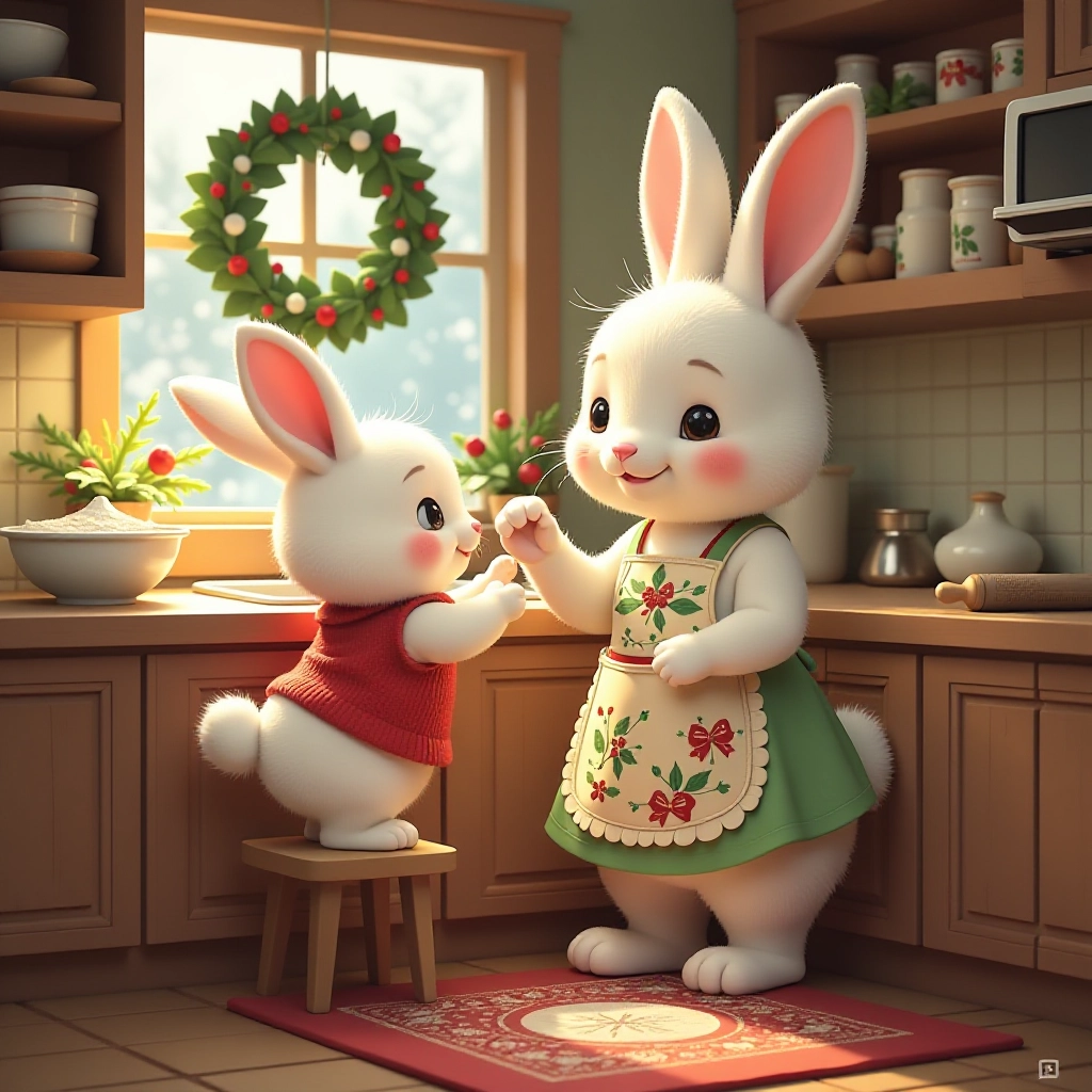 Baby bunny excitedly joins mommy bunny in kitchen to start Christmas cookie baking adventure.