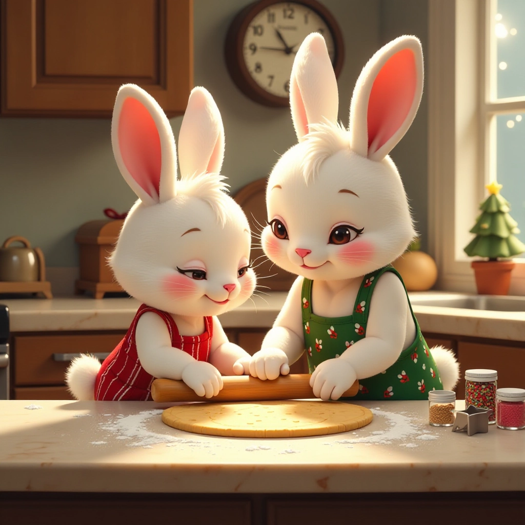 Mother and baby bunny work together to roll and cut Christmas cookie shapes.