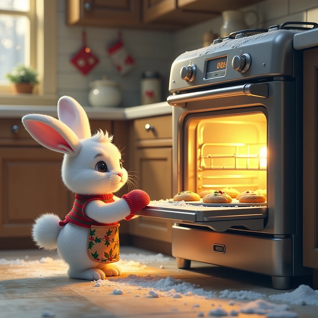 Excitement builds as baby bunny watches Christmas cookies bake in oven.