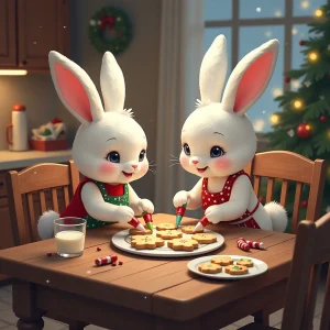 Baby bunny and mother share special moment decorating Christmas cookies together.