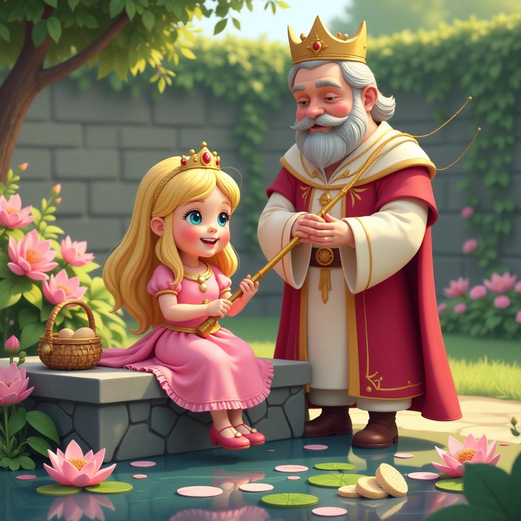 Princess Lily learns to fish with her father in the royal garden
