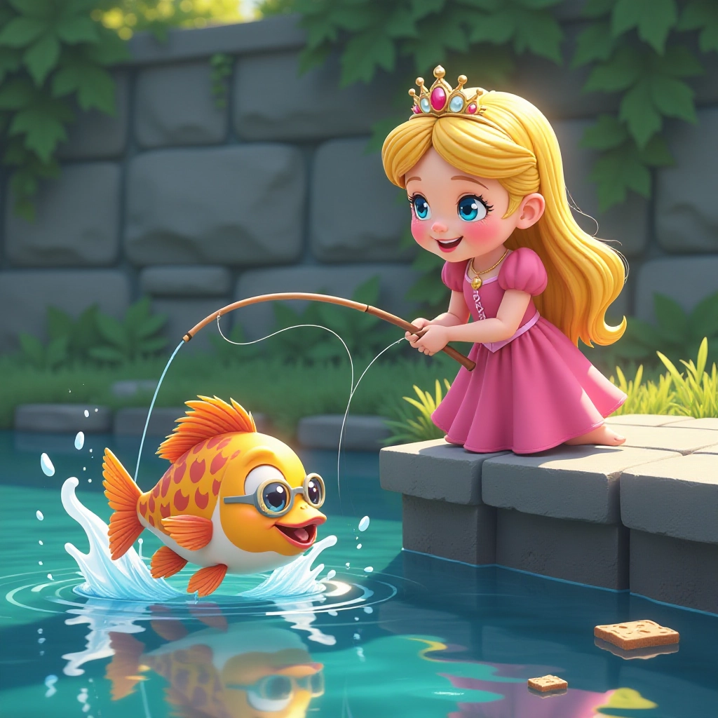 Princess catches a surprising fish wearing glasses