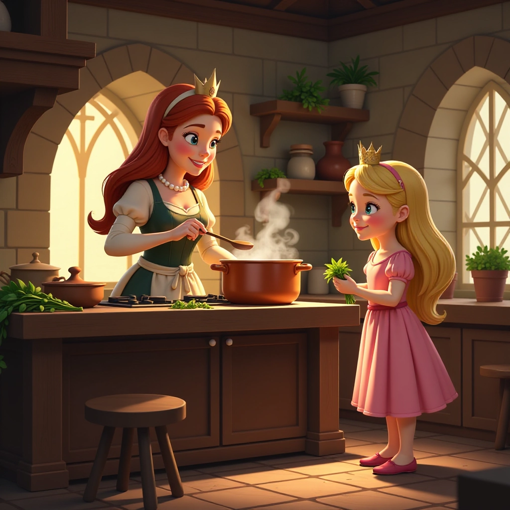 The royal family prepares fish soup in the castle kitchen