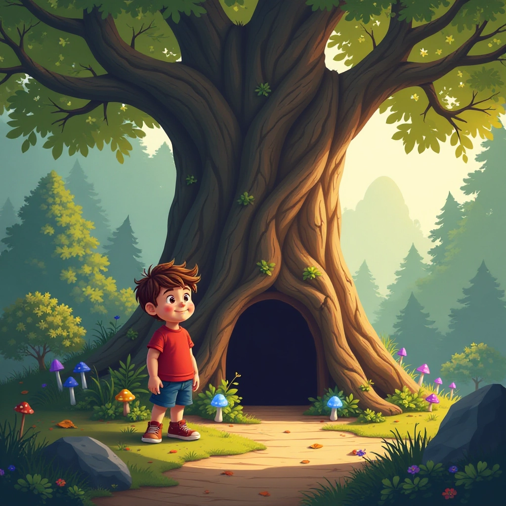 A curious boy discovers a mysterious glowing tunnel in an ancient tree